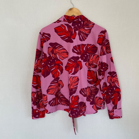 SOFIA VERGARA Women's Size XL Tropical Pink Palm Leaves Button Up Tie Blouse - Picture 2 of 5